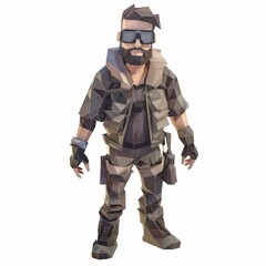 Fototapeta premium 3D Render, Low Poly style of dystopian NPC with a rugged survival outfit and an assortment of gadgets, on isolated white background