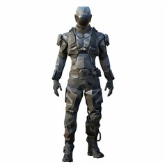 3D Render, Low Poly style of dystopian NPC with a sleek, tactical suit and a hardened look, on isolated white background