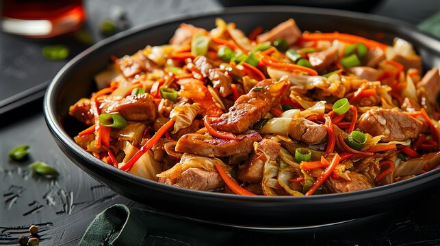 Chinese stirfried sour cabbage with pork and tofu, a proteinrich dish, Chinese, sour