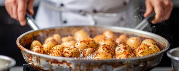 Fine French dining with a chef boiling potatoes for a gourmet gratin, French, boiling