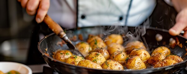 Fine French dining with a chef boiling potatoes for a gourmet gratin, French, boiling