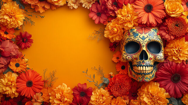 dia de los muertos day of the dead carnival party background, Cinco de Mayo skeleton, skull, catrina spoky and scary backdrop