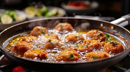Fototapeta premium Frying pan with bubbling oil and frying chiles rellenos in a Mexican home, Mexican, frying