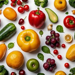 Different fresh fruits and vegetables flat lay on table top, fruits and vegetables collection food background