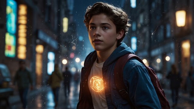 A teenager with superpowers running through a city, with electricity and light sparking around them.