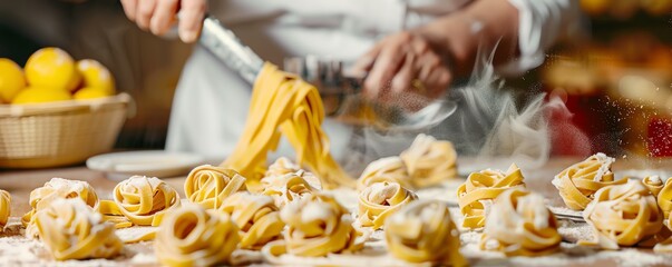Italian grandmother making homemade pasta in a traditional kitchen, Italian, bakery