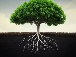 Agricultural style: Green canopy tree, planted in the soil, roots spreading into the soil. The roots are seen criss-crossing the ground