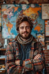 Naklejka premium Man with beard wearing a plaid shirt and scarf