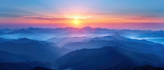 Breathtaking Mountain Vista at Sunset Vibrant Sky Misty Valleys Layered Peaks Nature Scenery Outdoor Adventure Tranquil Dusk Atmosphere