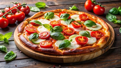 Delicious Pizza Margherita with fresh tomato, mozzarella, and basil leaves on a crisp crust , pizza, margherita, Italian