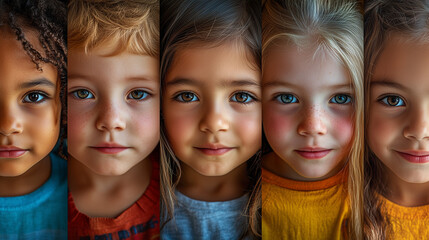 Fototapeta premium Close-up of diverse children's faces. A close-up of five diverse children's faces, showcasing the beauty and innocence of youth across different backgrounds.