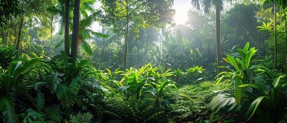 Fototapeta premium Serene Panoramic Rainforest Landscape with Diverse Flora and Towering Trees