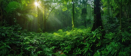 Fototapeta premium Serene Beauty of Nature: Lush Green Forest with Towering Trees and Sunlit Canopy in High Definition