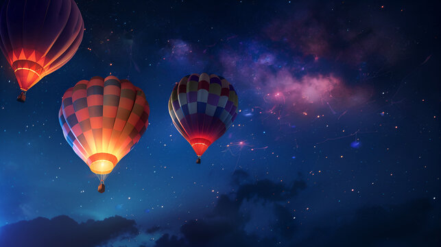 Vivid hot air ballons in the dark night sky.