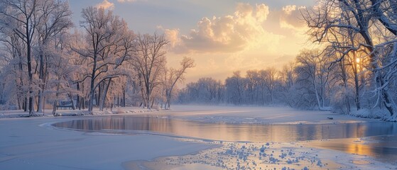 Fototapeta premium Winter Wonderland: Tranquil Snow-Covered Trees and Frozen River Landscape