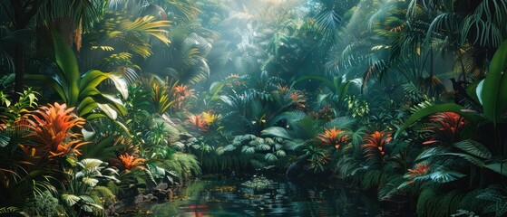 Obraz premium Lush Tropical Jungle Paradise with Exotic Flora and Fauna in Vivid Colors