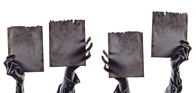 Halloween zombie, monster hands holding blank sign or paper