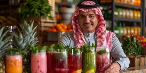 Fototapeta premium Smiling Man in Traditional Attire Presenting Refreshing Drinks