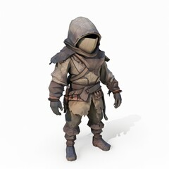 Obraz premium 3D Render, Low Poly style of a deserter NPC with an old, dented helmet and worn leather armor, on isolated white background