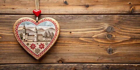 Naklejka premium Rustic wooden heart decoration with Salzburg inspired design , wood, Salzburg, heart, decoration, rustic, vintage, love
