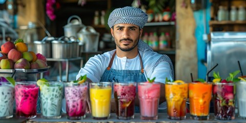 Middle Eastern Man Selling Fresh Fruit Drinks