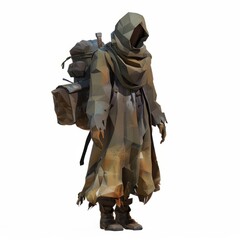 Fototapeta premium 3D Render, Low Poly style of a deserter NPC with ragged armor and a heavy, dented shield, on isolated white background