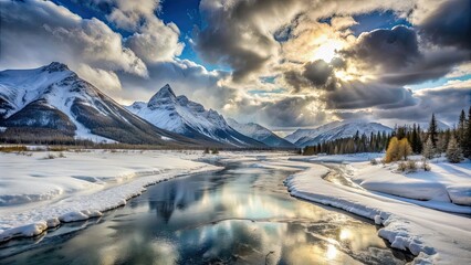 Snowcovered mountain landscape with a frozen river and cloudy sky, winter, snow, mountains, river, frozen, landscape, nature, cold