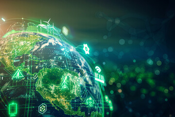 Fototapeta premium Digital Earth with green energy icons like wind turbines and solar panels. Concept of a green planet