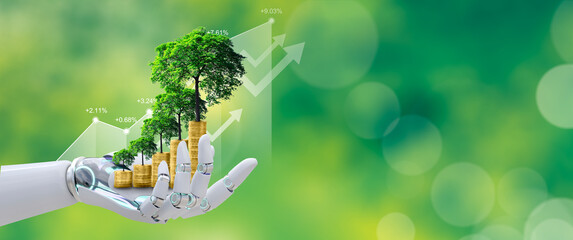 Ai robot hand holds a stack of coins with a tree growing on top against a green nature background. The concept of the blend of technology, finance, and environmental sustainability.