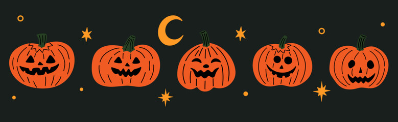 Jack-O-Lantern, Set of Halloween pumpkins with smiling faces vector illustration in cartoon retro groovy funky style, Creepy carved pumpkin heads collection. Spooky, scary autumn holiday decoration