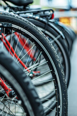 Fototapeta premium Close-up of a bicycle tire in a bike rack