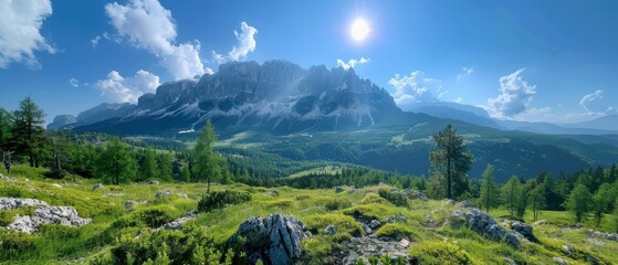 Obraz premium Majestic Mountain Peak Bathed in Sunlight: Panoramic Alpine Landscape