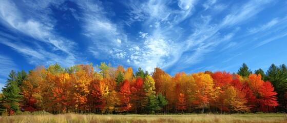 Obraz premium Tranquil Autumn Scene: Vibrant Forest Under Clear Blue Sky with Scattered Clouds