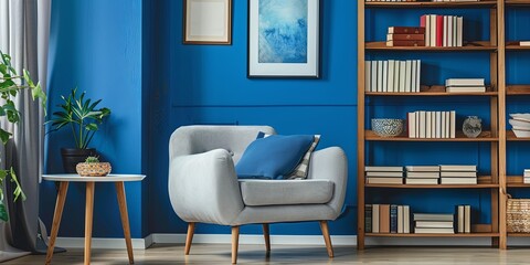 Cozy living room with blue walls, grey armchair, wooden bookshelf, and plants.