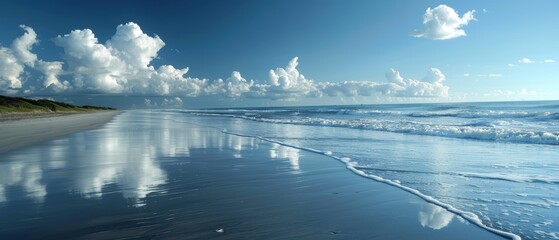 Tranquil Seaside View: Clear Sky and Gentle Clouds Over Serene Beach