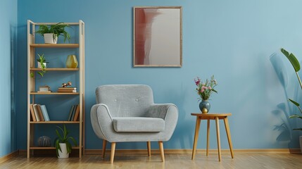 A blue wall living room with a grey armchair and a wooden side table.