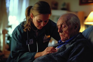 A dedicated healthcare worker provides wound care to an elderly man in a home environment, emphasizing the personal touch of in-home medical services. The caregiver focused expression and gentle