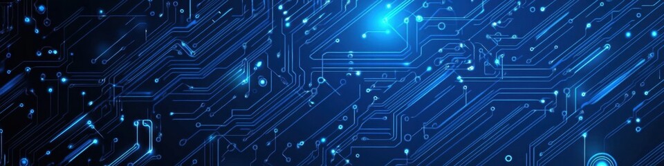 Fototapeta premium Dynamic digital circuit board vector with electrical lines and tech elements on a blue engineering technology wide banner