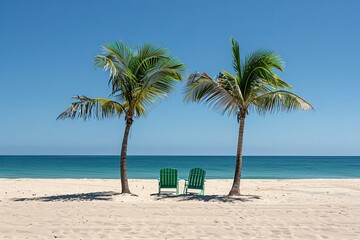 Naklejka premium Two palm trees on a white sandy beach with turquoise water and two green chairs.