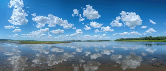 Serene Summer Sky with Fluffy White Clouds Floating Above