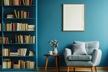 Blue wall, grey armchair, bookshelf, and framed picture.