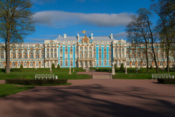 View of the Catherine Palace in the Catherine Park of Tsarskoye Selo in the sunny spring day,...