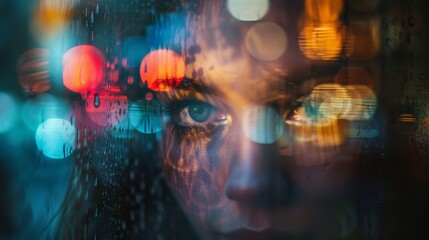 Fototapeta premium A woman's face is blurred and distorted by raindrops on a window