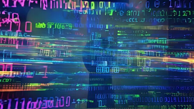 Experience the vibrant movement of data streams and code as they converge in a cutting-edge digital landscape.