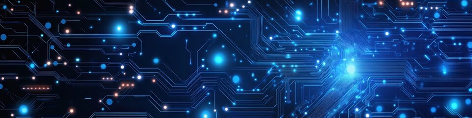 Cyber technology circuit board background with digital connections and electronic elements in a futuristic wide banner
