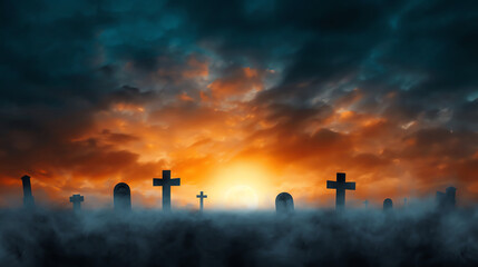 boho watercolor Halloween card with a moonlit graveyard,