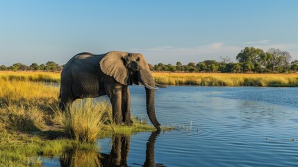 Fototapeta premium Elephant Drinking from a River in a Savanna