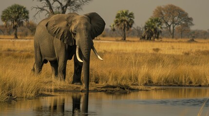 Fototapeta premium African Elephant Drinking Water at a Waterhole