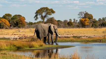 Obraz premium Elephant Drinking Water in a Savanna Landscape