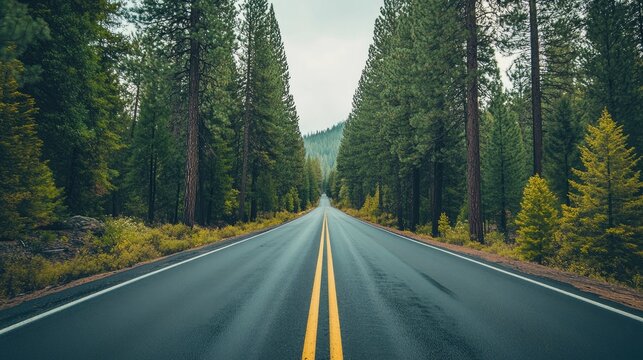 Empty Road Through a Dense Forest After Rain